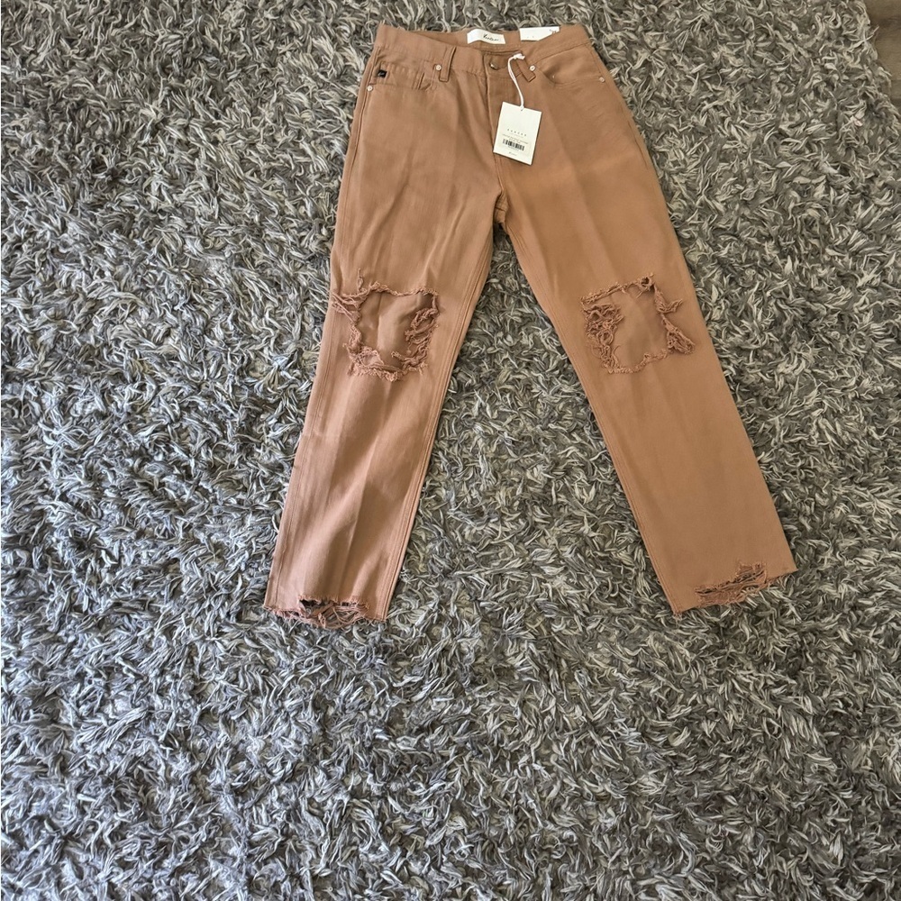 KanCan Women's Tan Distressed Straight Leg Jean Size 26